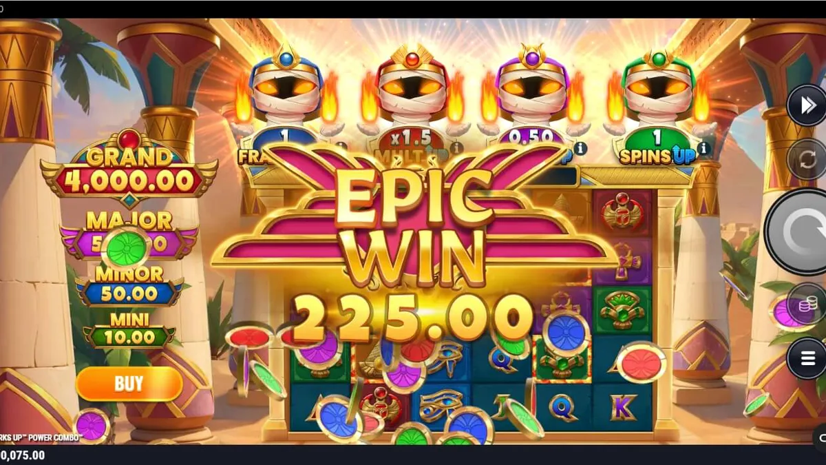 Tampilan visual slot Mummy Mania Perks Up Power Combo dengan empat mumi di atas gulungan.